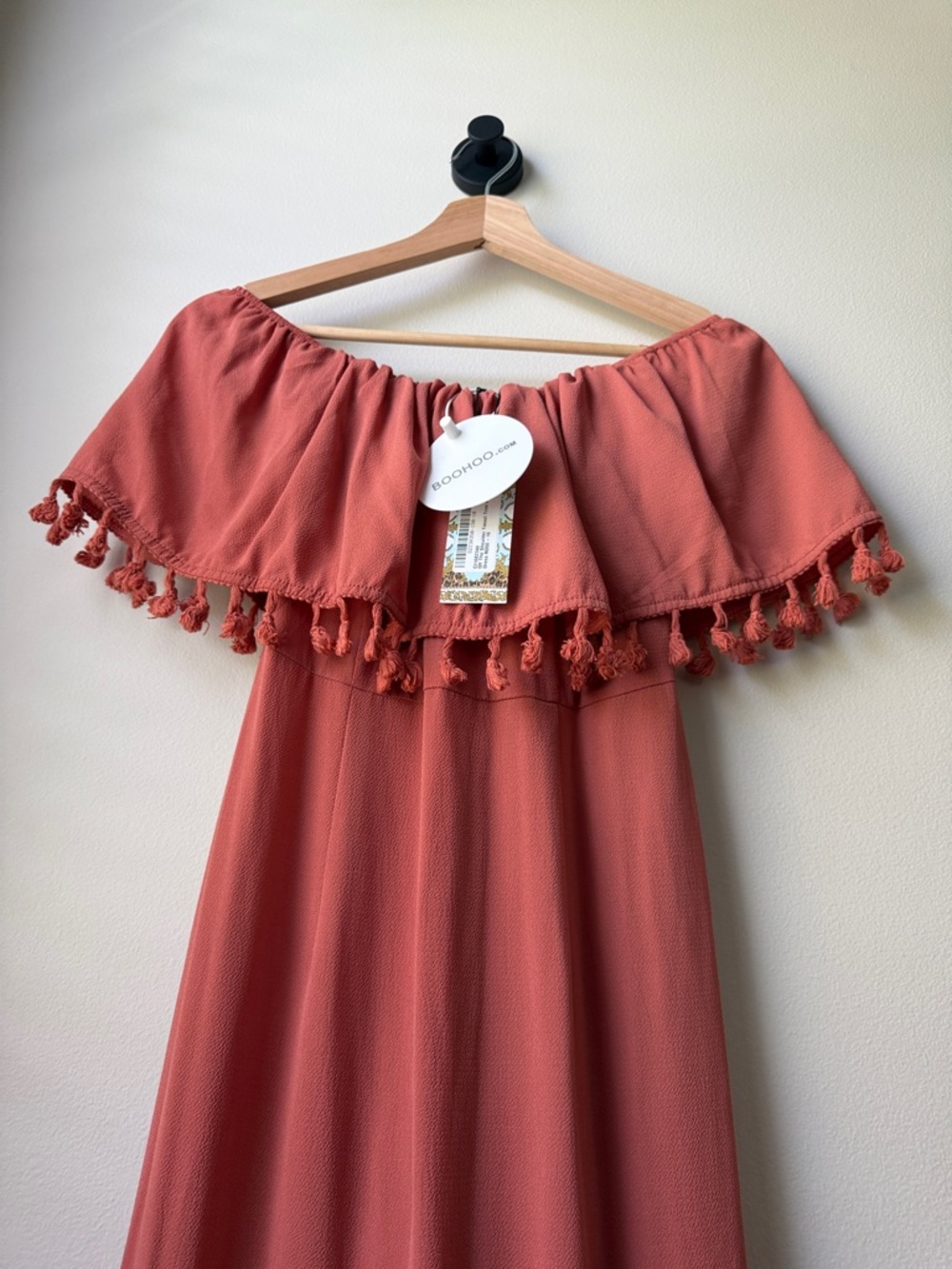 Boohoo Rust Off-Shoulder Tassel Maxi Dress - Picture 7 of 7